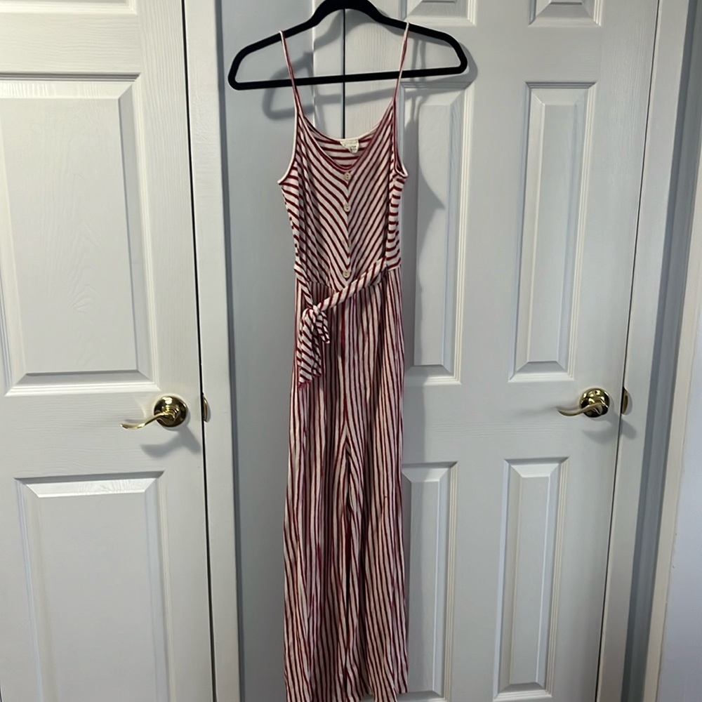 Long pant romper red and white stripes